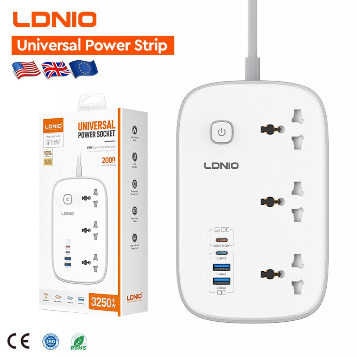 LDNIO SC6 Universal Power Socket 3250W USB C PD Fast Charging 3 Outlet Multi Plug Extension Cord, 2M Cable Surge Protector - White